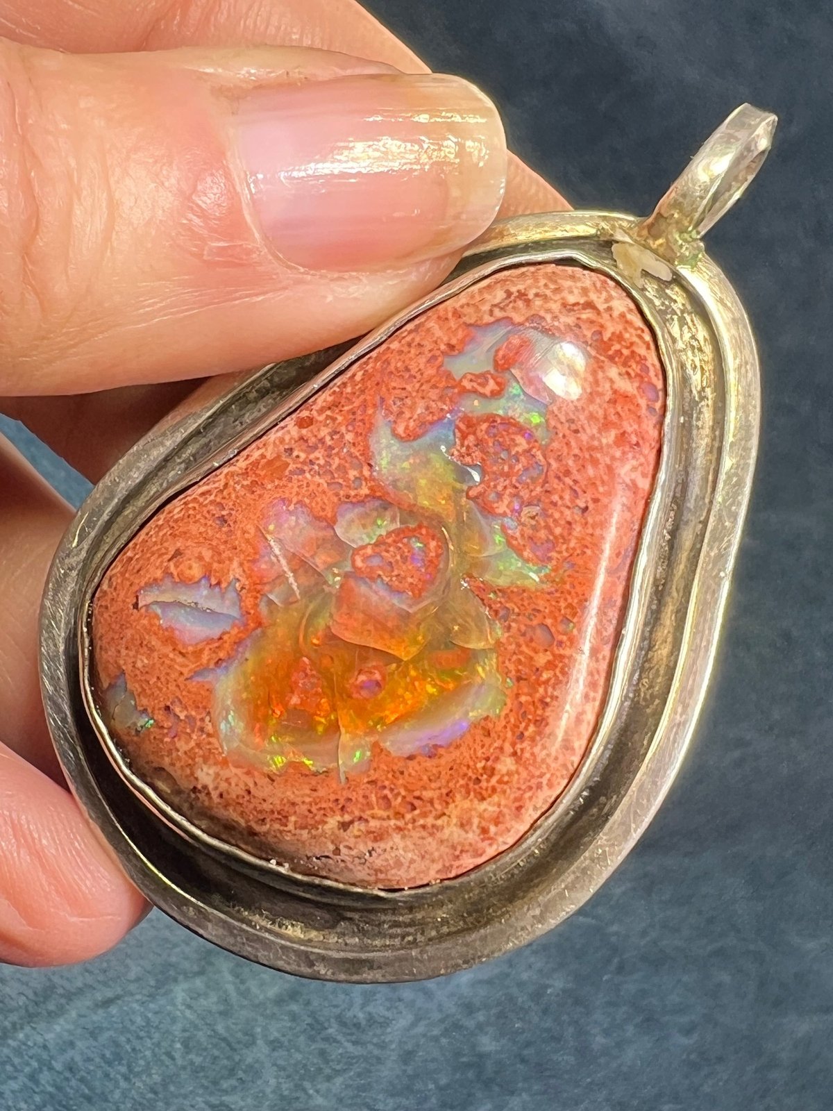 Mexican Boulder Fire Opal Pendant. Old Pawn. 2" & 37g *Video*