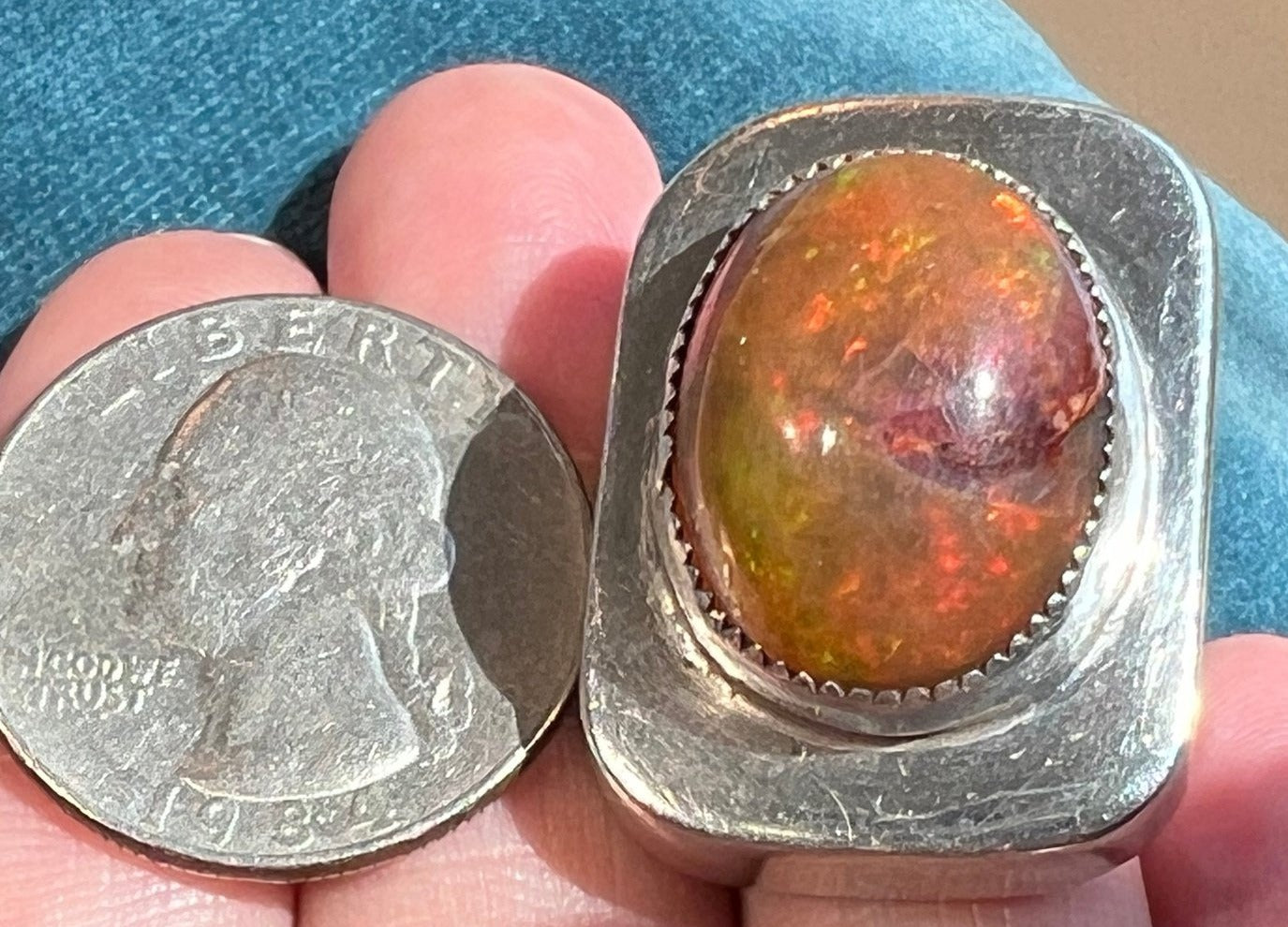 Mexican Boulder Fire Opal Ring. 925 Old Pawn. 1" + 12g *Video*