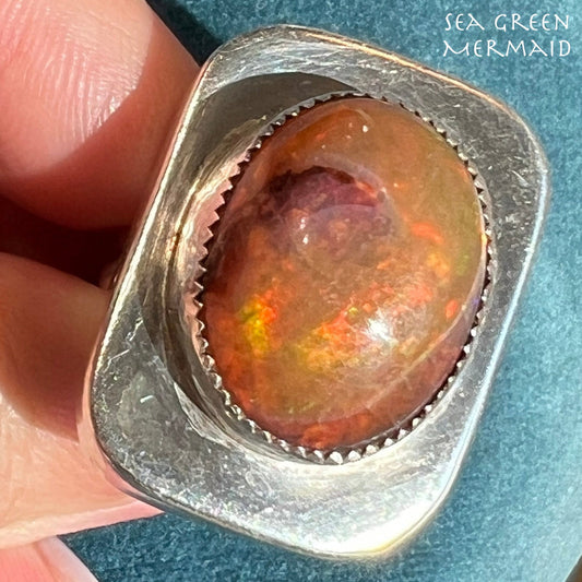 Mexican Boulder Fire Opal Ring. 925 Old Pawn. 1" + 12g *Video*