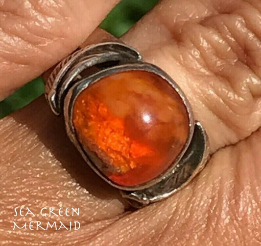 Mexican Boulder Fire Opal Ring. 925 Old Pawn. LAVA 9g **VIDEO**