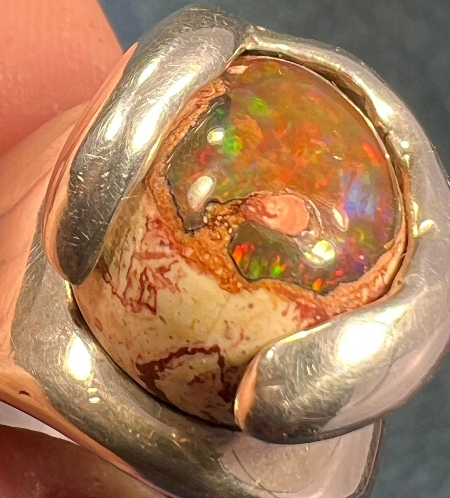 Mexican Fire Jelly Opal 925 Sterling Silver Chunky Ring. 3/4" + 25g *Video*