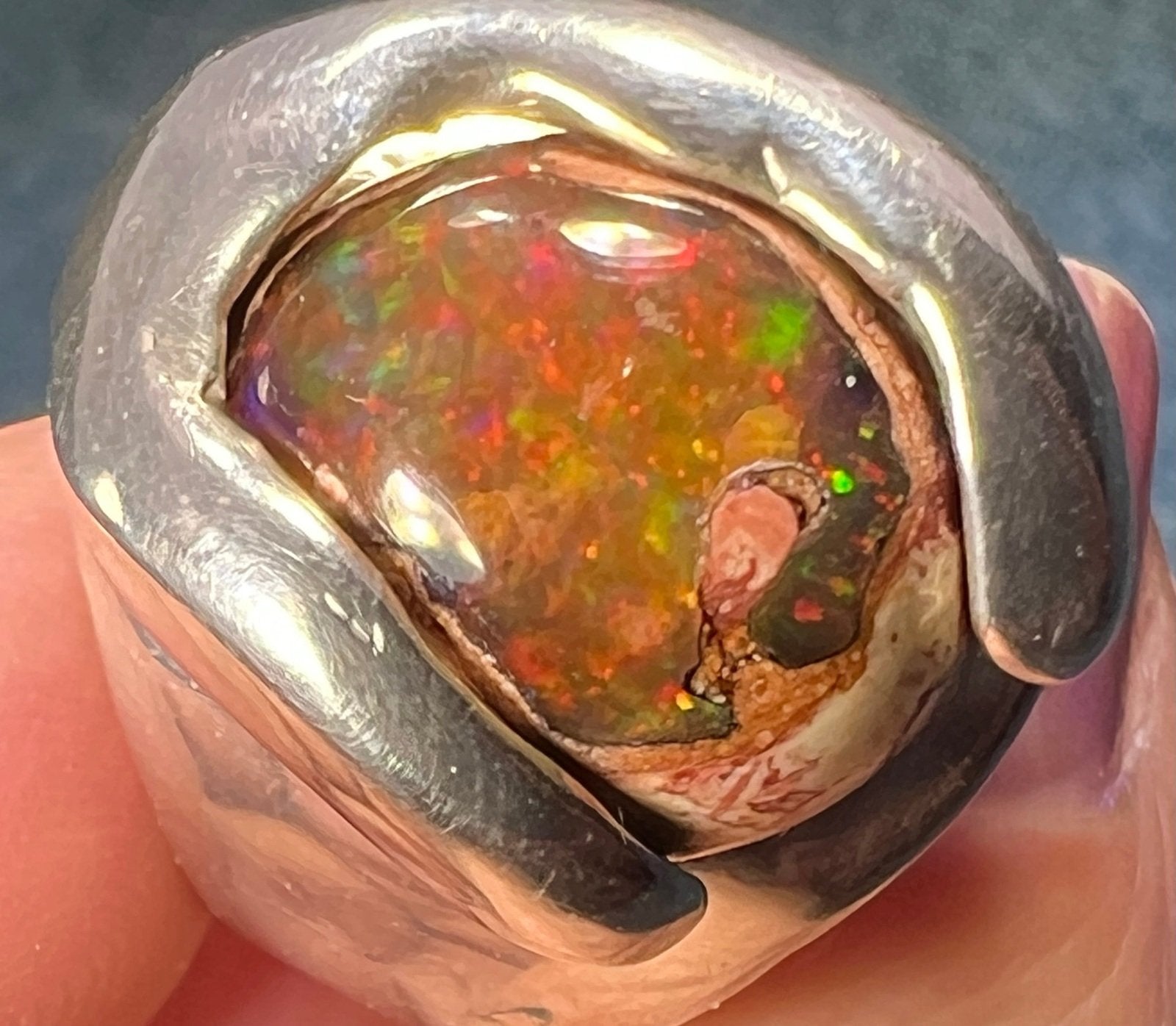 Mexican Fire Jelly Opal 925 Sterling Silver Chunky Ring. 3/4" + 25g *Video*