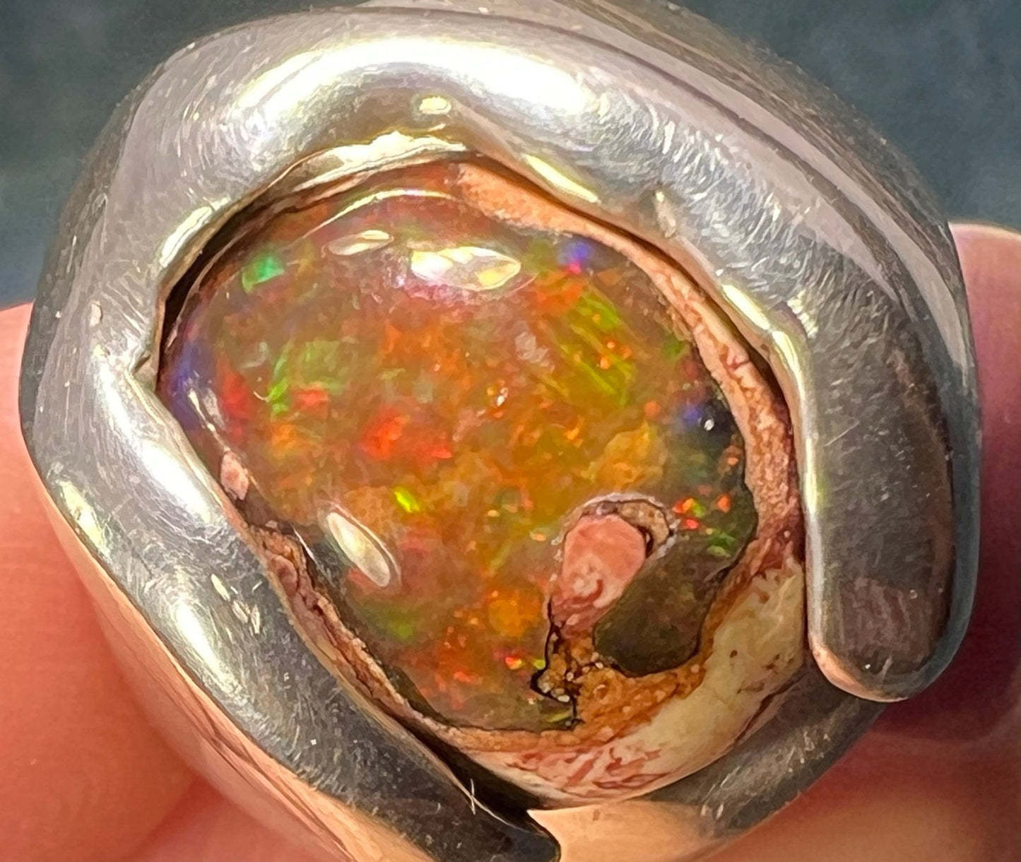 Mexican Fire Jelly Opal 925 Sterling Silver Chunky Ring. 3/4" + 25g *Video*