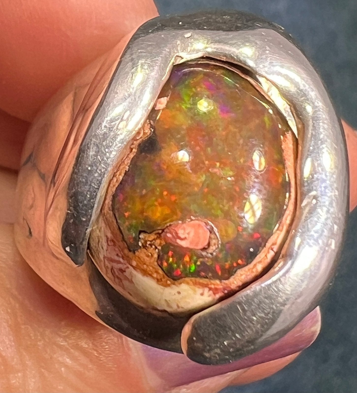 Mexican Fire Jelly Opal 925 Sterling Silver Chunky Ring. 3/4" + 25g *Video*