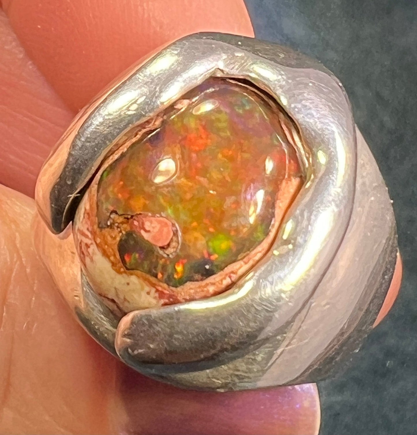 Mexican Fire Jelly Opal 925 Sterling Silver Chunky Ring. 3/4" + 25g *Video*