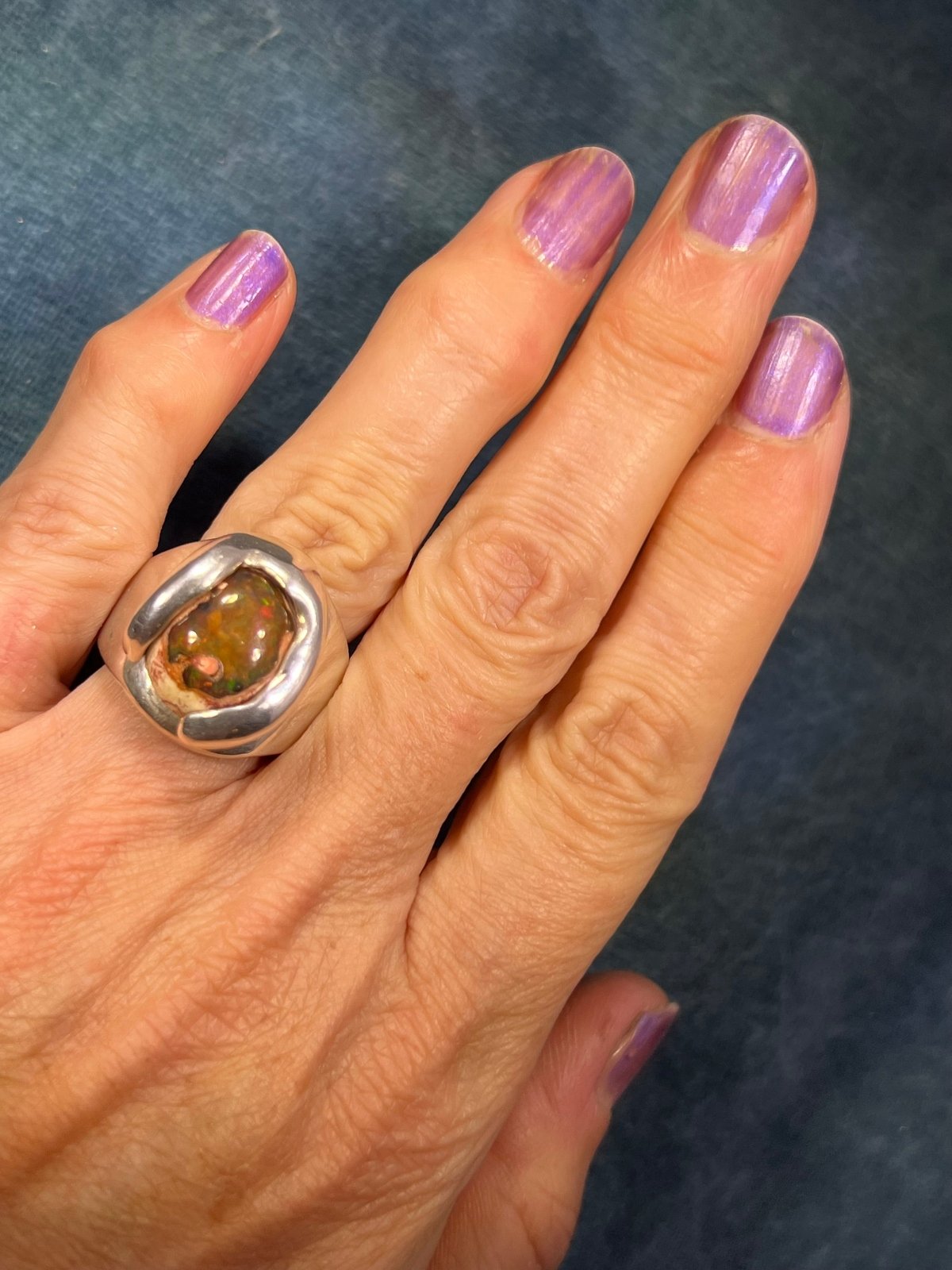 Mexican Fire Jelly Opal 925 Sterling Silver Chunky Ring. 3/4" + 25g *Video*