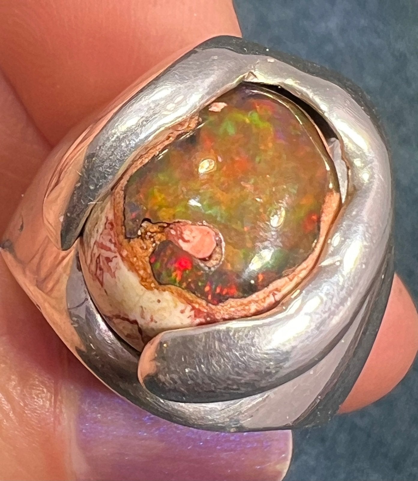 Mexican Fire Jelly Opal 925 Sterling Silver Chunky Ring. 3/4" + 25g *Video*