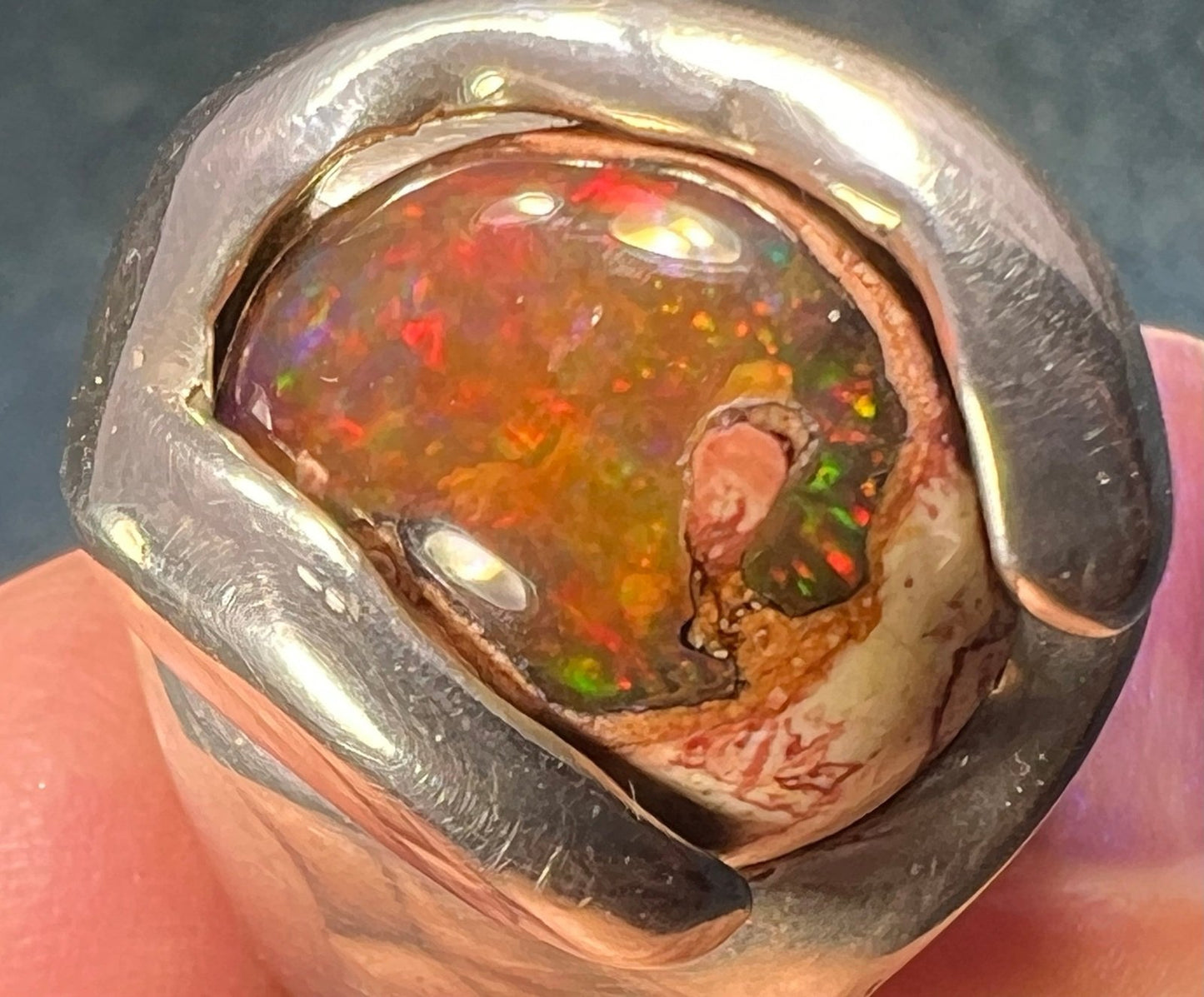 Mexican Fire Jelly Opal 925 Sterling Silver Chunky Ring. 3/4" + 25g *Video*