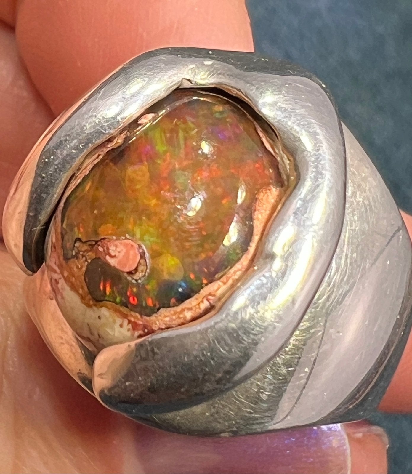 Mexican Fire Jelly Opal 925 Sterling Silver Chunky Ring. 3/4" + 25g *Video*