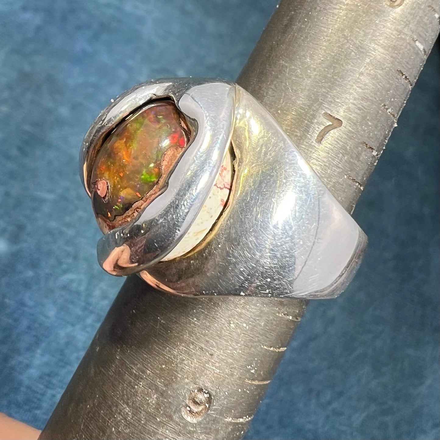 Mexican Fire Jelly Opal 925 Sterling Silver Chunky Ring. 3/4" + 25g *Video*