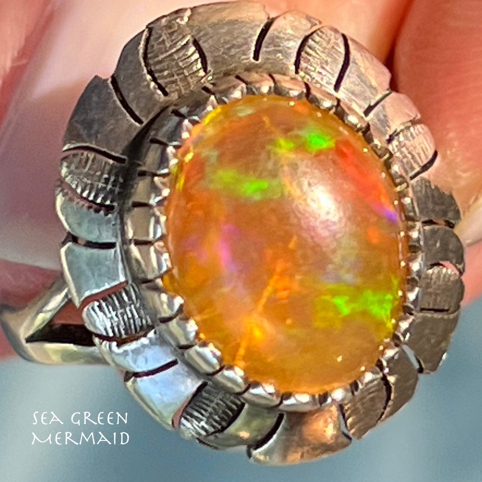 Mexican Fire Jelly Opal Squash Blossom 925 Ring. Old Pawn **VIDEO**