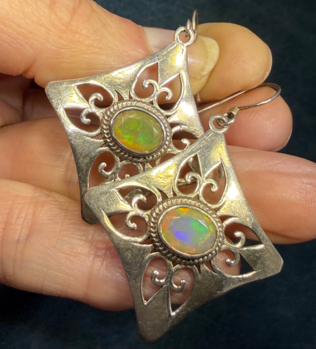 Mexican Fire Opal Filigree MANDALA 925 Silver Earrings. 2" *Video*