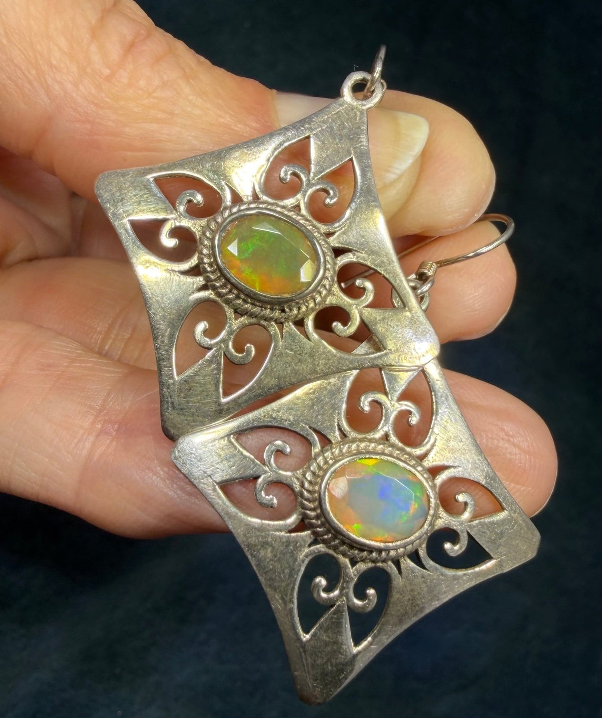 Mexican Fire Opal Filigree MANDALA 925 Silver Earrings. 2" *Video*