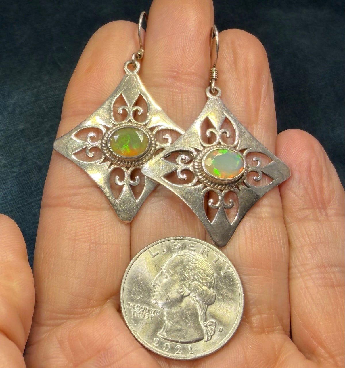 Mexican Fire Opal Filigree MANDALA 925 Silver Earrings. 2" *Video*