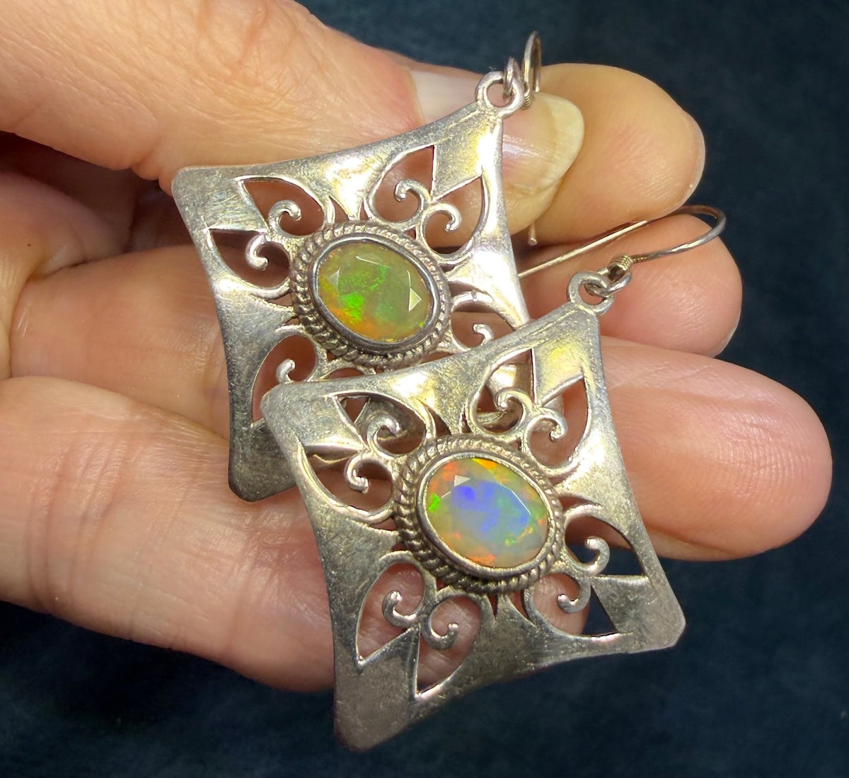 Mexican Fire Opal Filigree MANDALA 925 Silver Earrings. 2" *Video*
