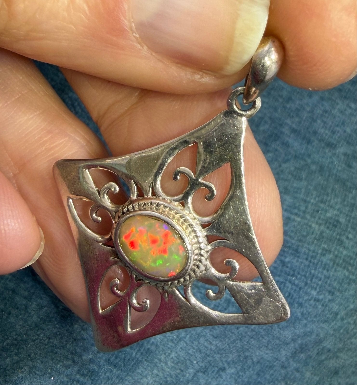 Mexican Fire Opal Filigree MANDALA Medallion 925 Silver Pendant. 1.5" *Video*