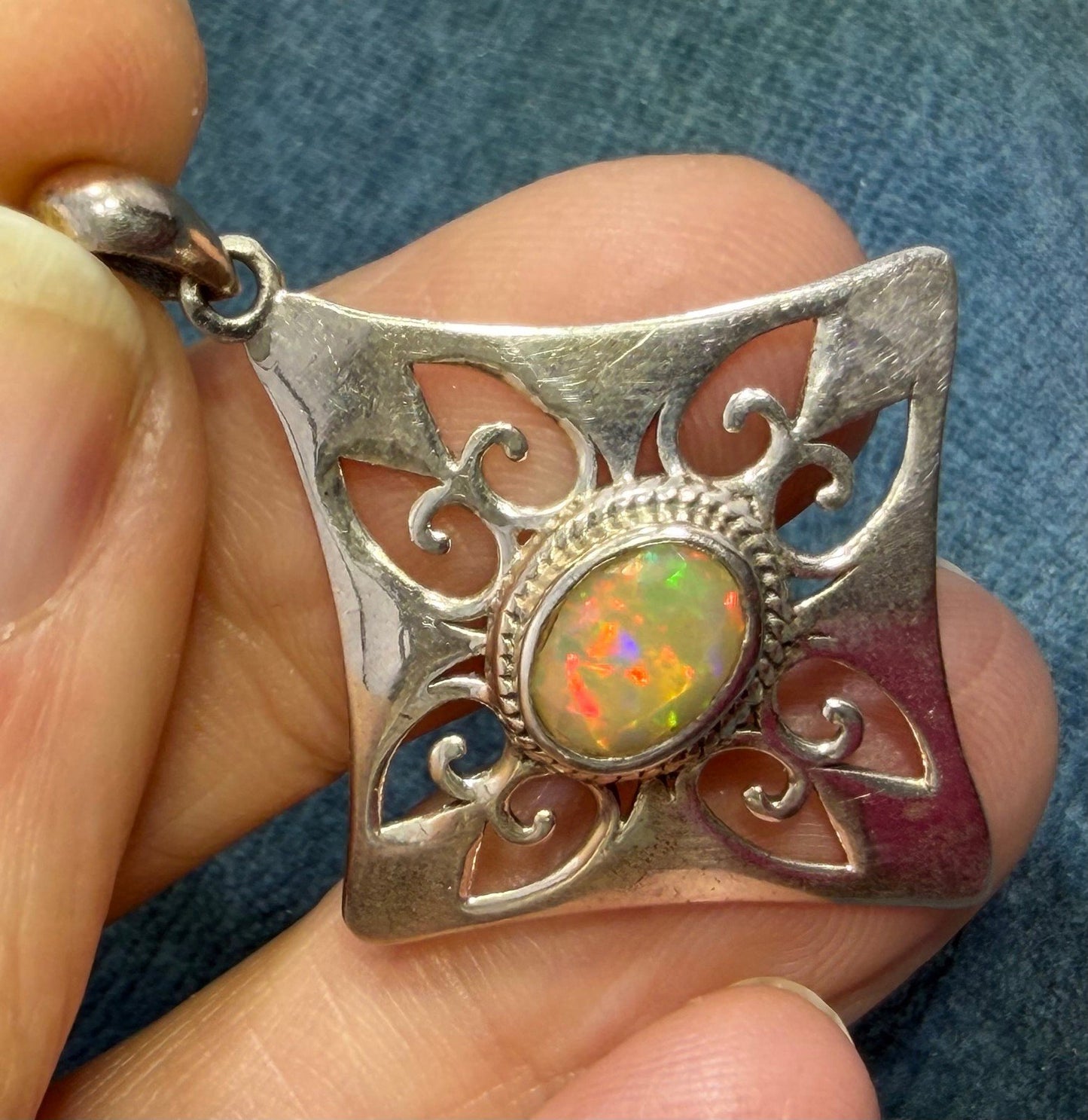 Mexican Fire Opal Filigree MANDALA Medallion 925 Silver Pendant. 1.5" *Video*