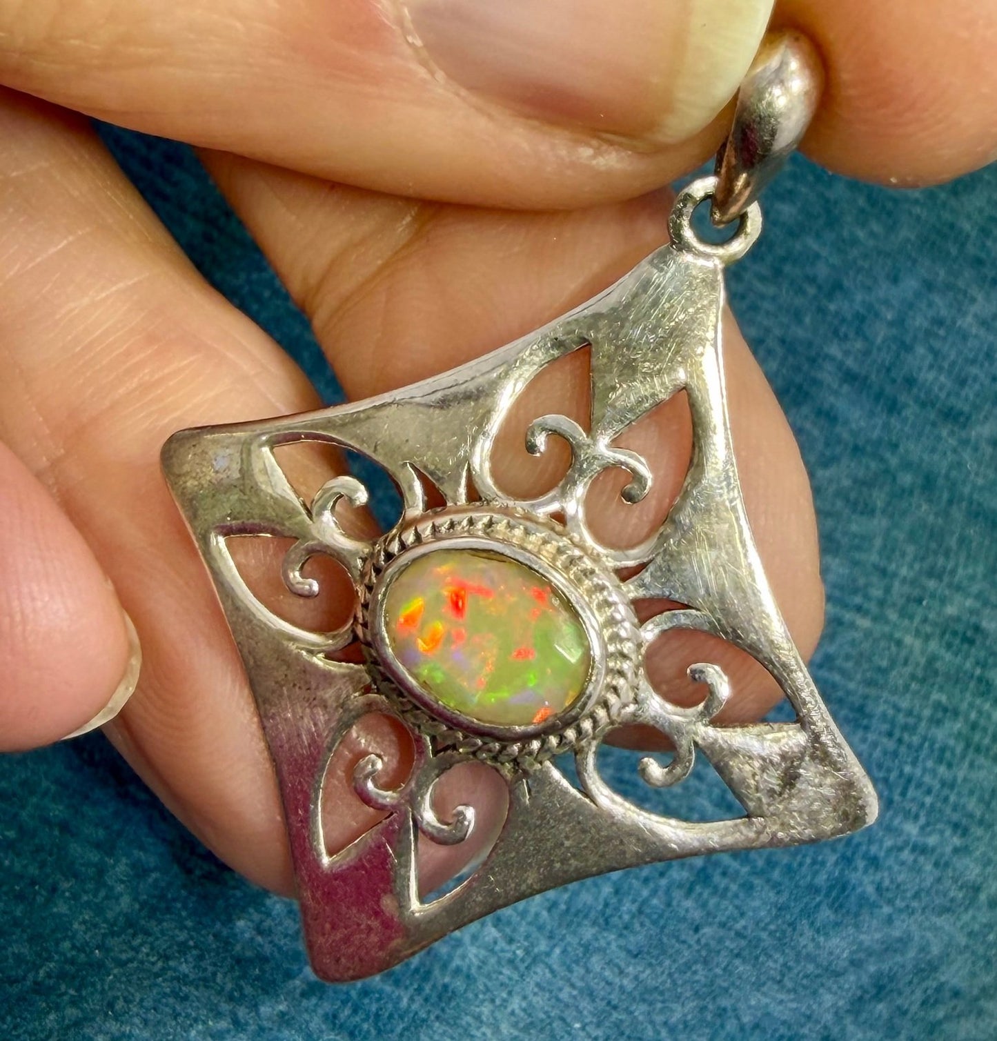 Mexican Fire Opal Filigree MANDALA Medallion 925 Silver Pendant. 1.5" *Video*