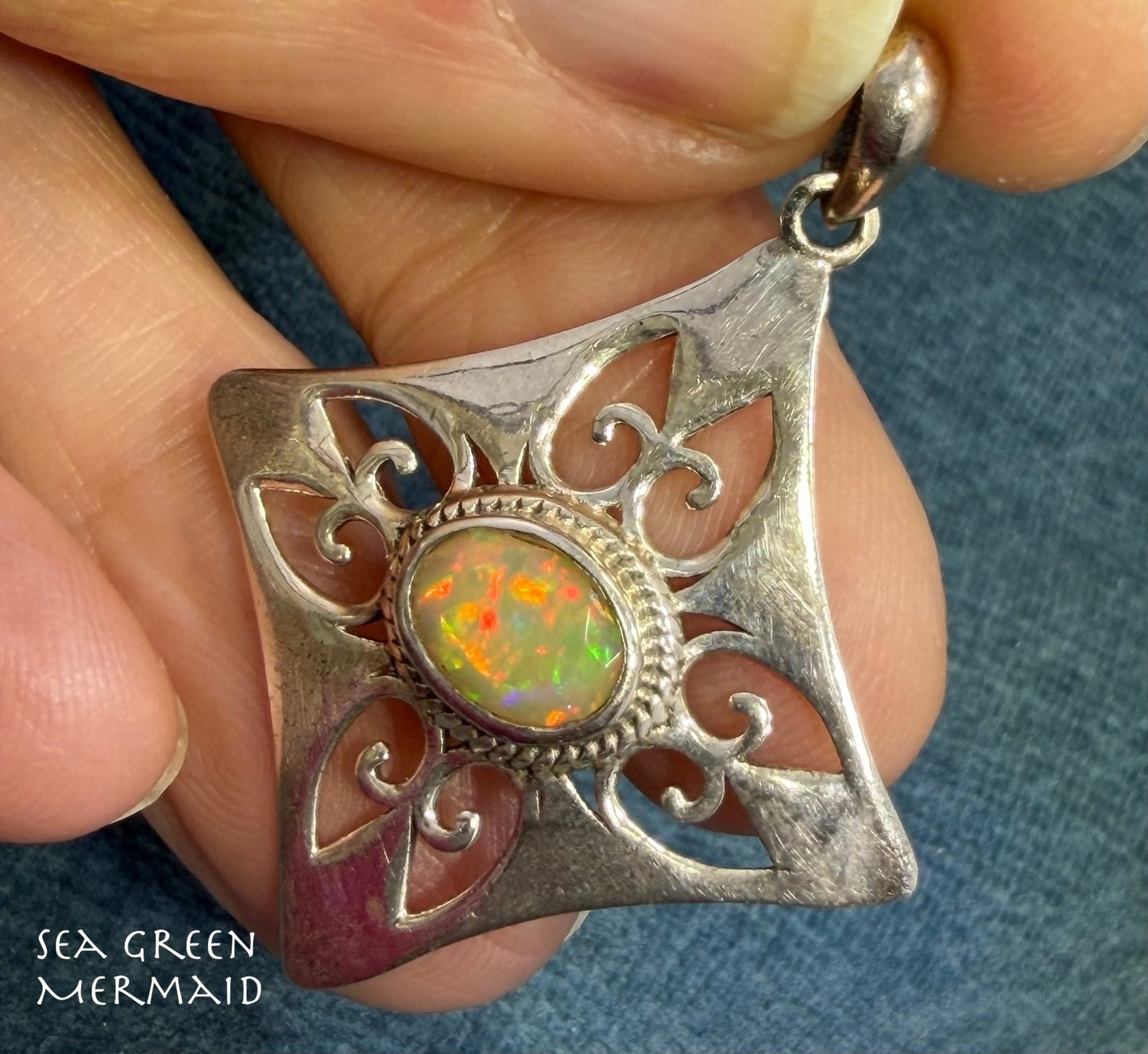 Mexican Fire Opal Filigree MANDALA Medallion 925 Silver Pendant. 1.5" *Video*