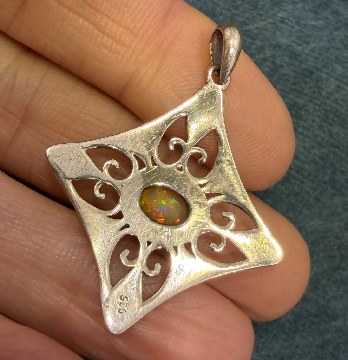 Mexican Fire Opal Filigree MANDALA Medallion 925 Silver Pendant. 1.5" *Video*