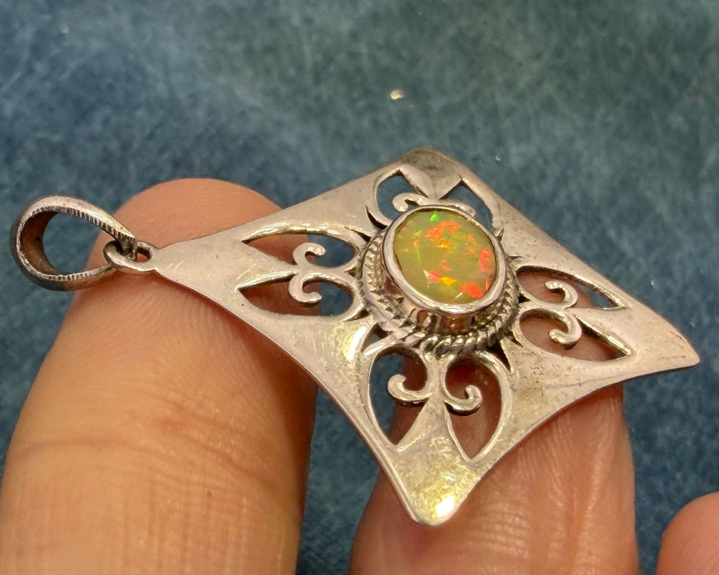 Mexican Fire Opal Filigree MANDALA Medallion 925 Silver Pendant. 1.5" *Video*