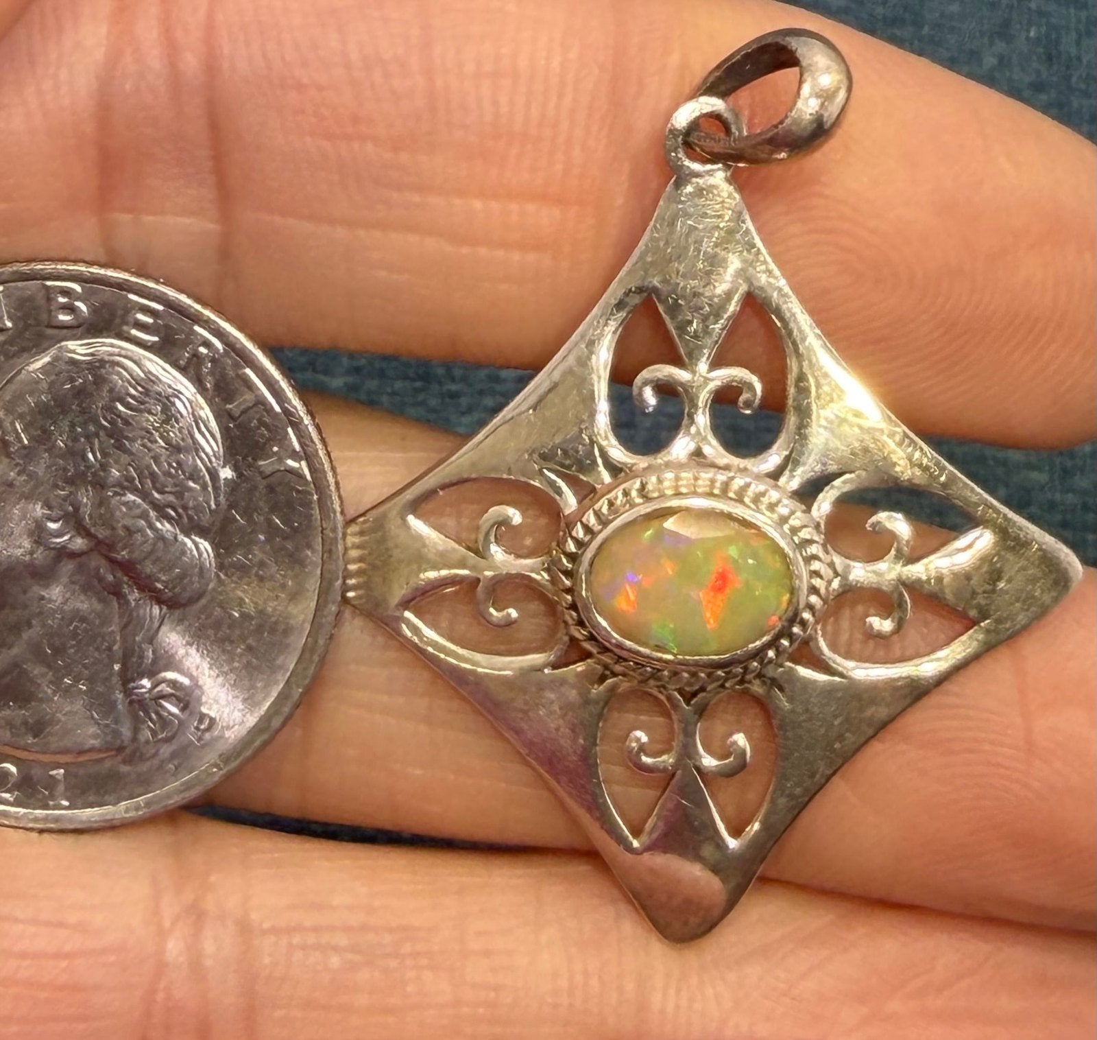 Mexican Fire Opal Filigree MANDALA Medallion 925 Silver Pendant. 1.5" *Video*