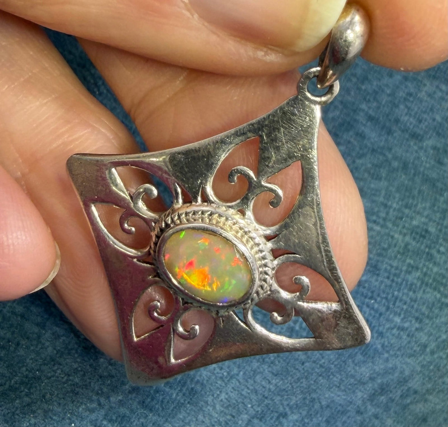 Mexican Fire Opal Filigree MANDALA Medallion 925 Silver Pendant. 1.5" *Video*
