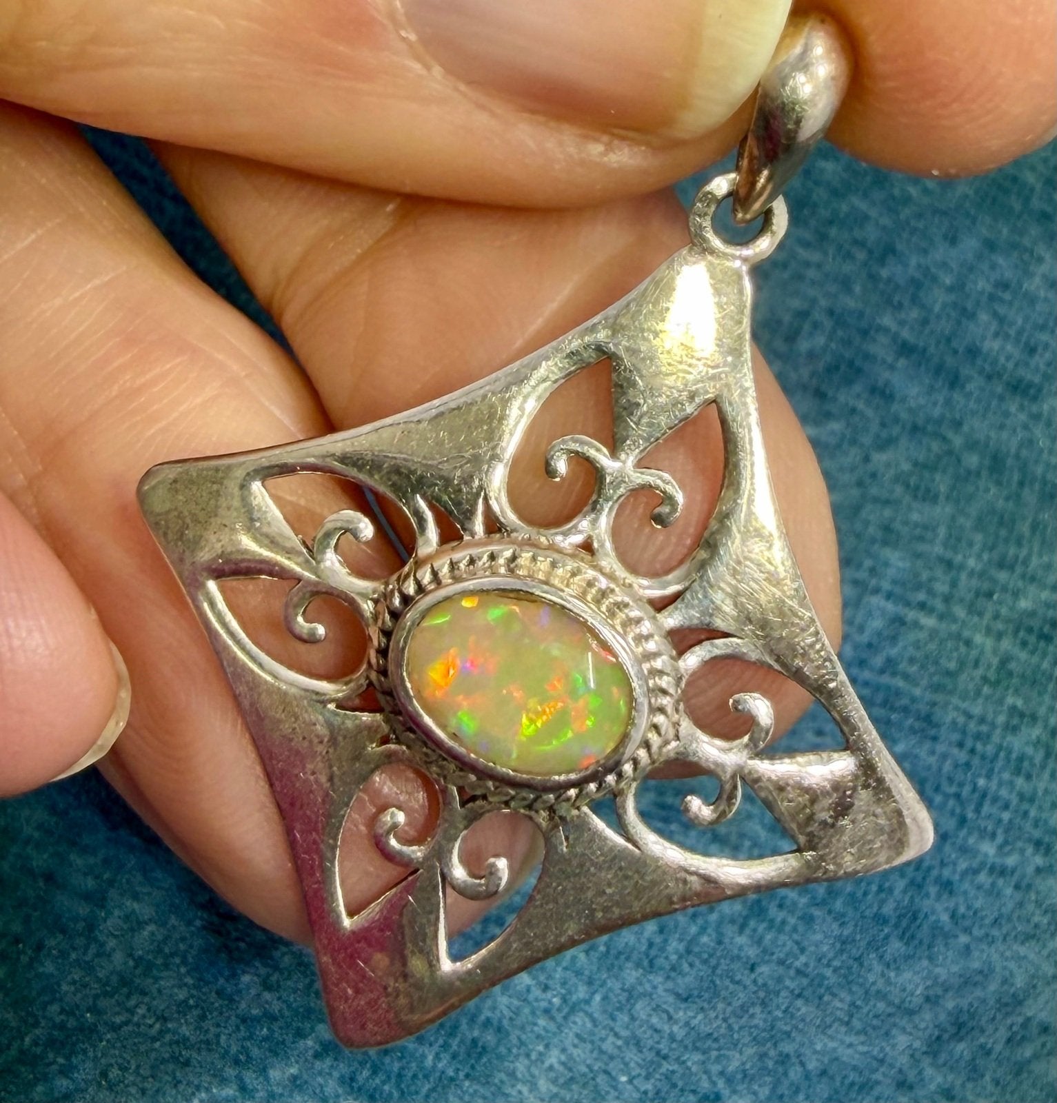 Mexican Fire Opal Filigree MANDALA Medallion 925 Silver Pendant. 1.5" *Video*