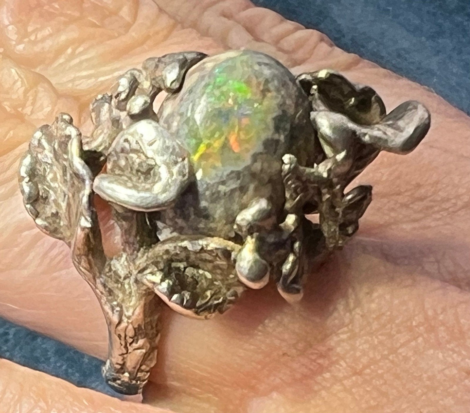Mexican Jelly Boulder Opal Artisan Forest 925 Ring. 0.8" Wide *Video*