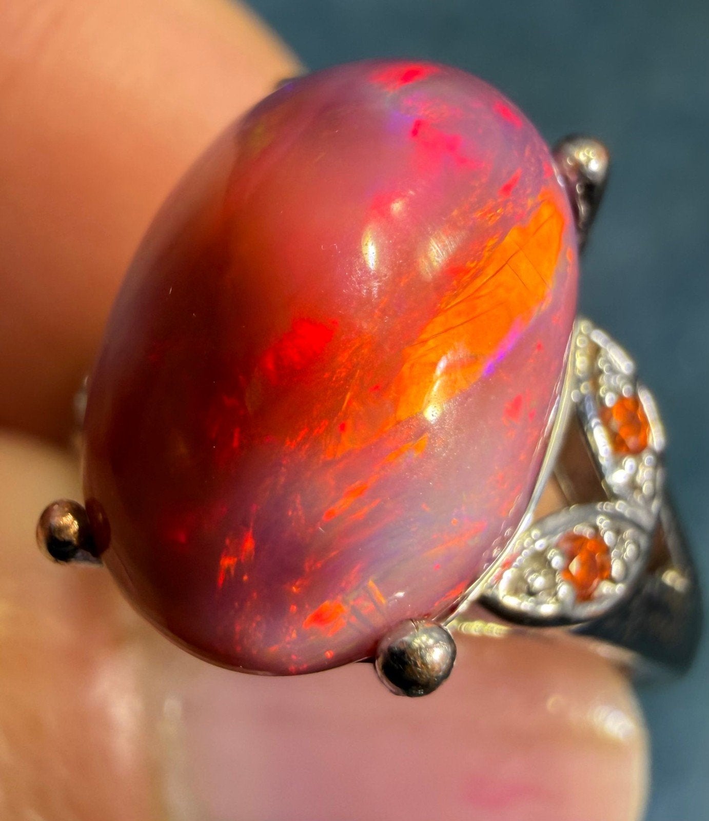 Mexican Red Fire Jelly Opal Sterling Silver Ring. Dragons Egg *Video*