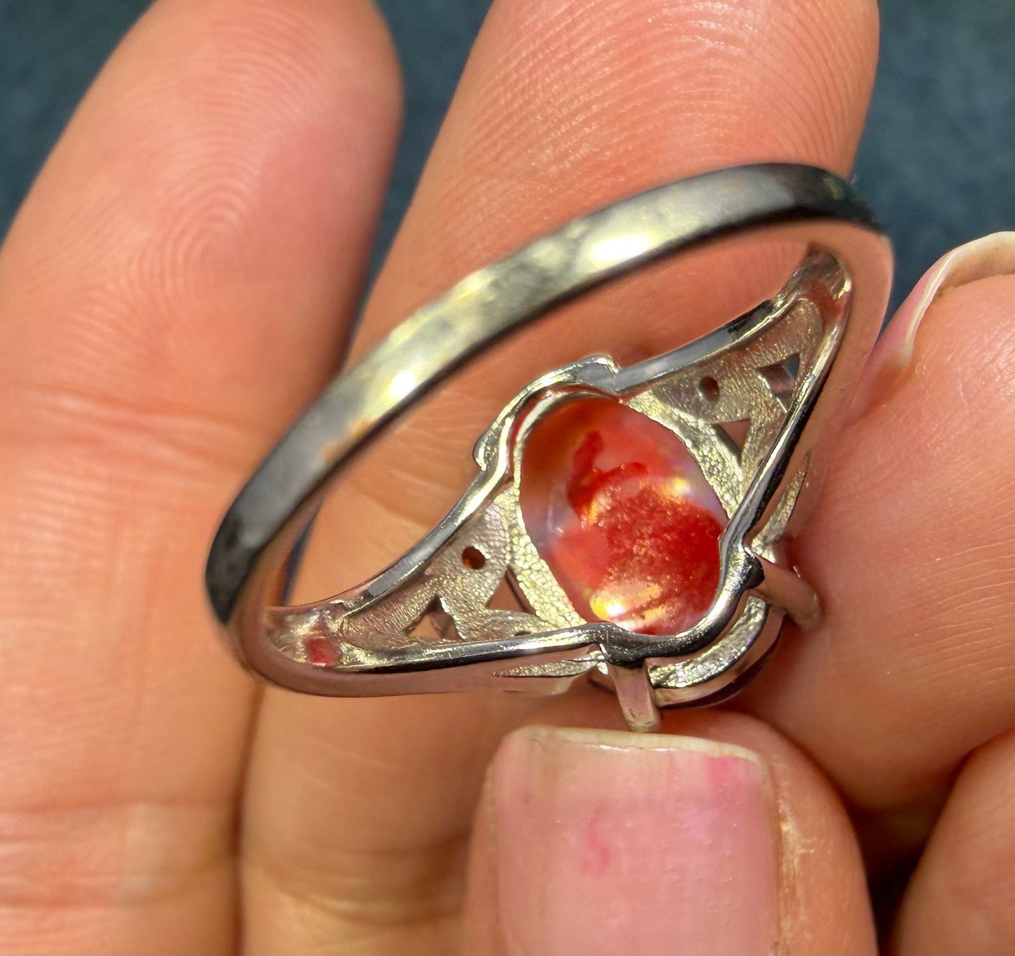 Mexican Red Fire Jelly Opal Sterling Silver Ring. Dragons Egg *Video*