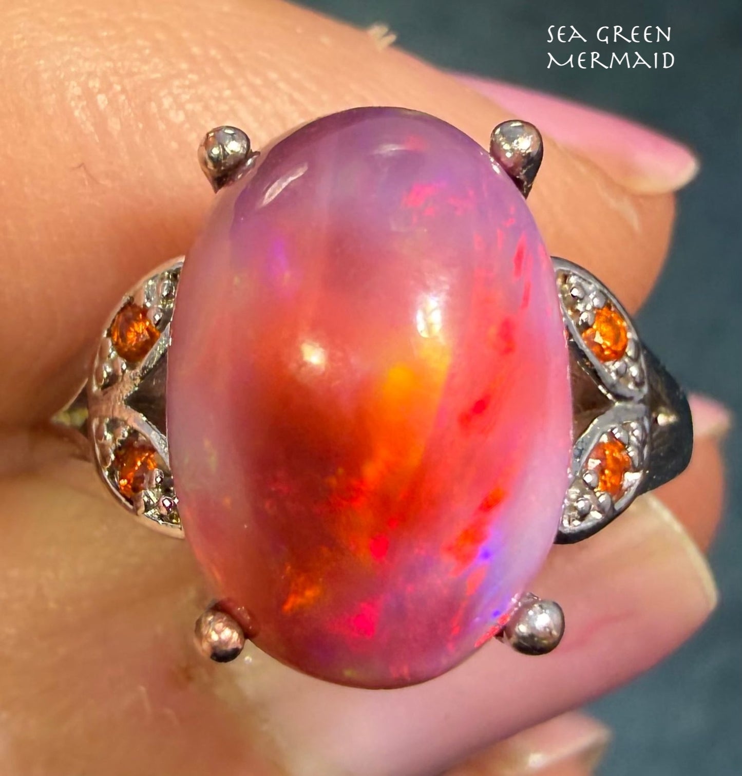 Mexican Red Fire Jelly Opal Sterling Silver Ring. Dragons Egg *Video*