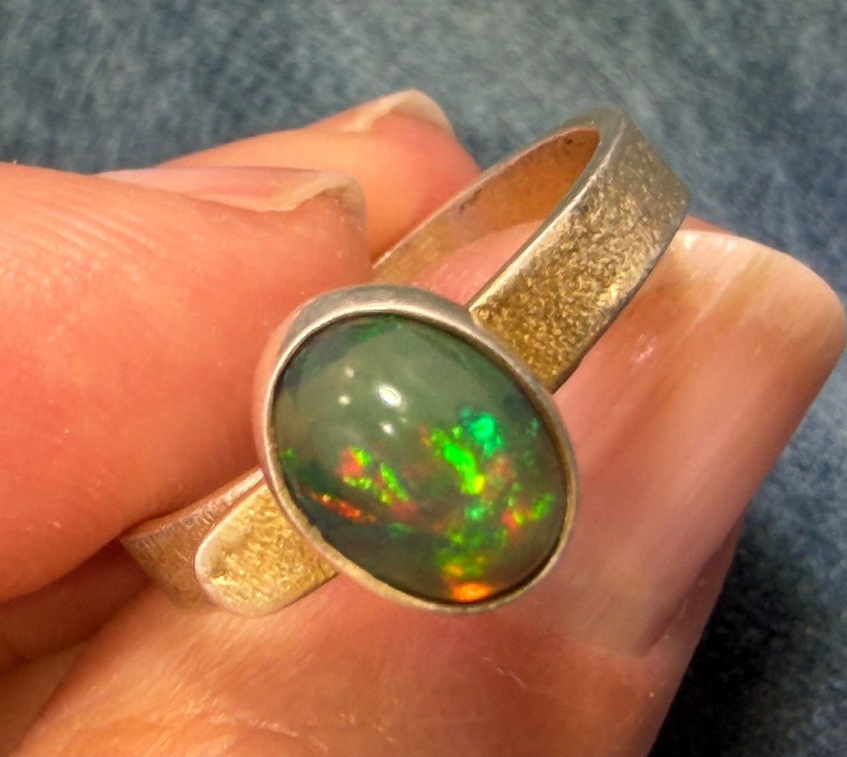 Natural Black Opal Ring in Sterling Silver. Bezel Set *Video*