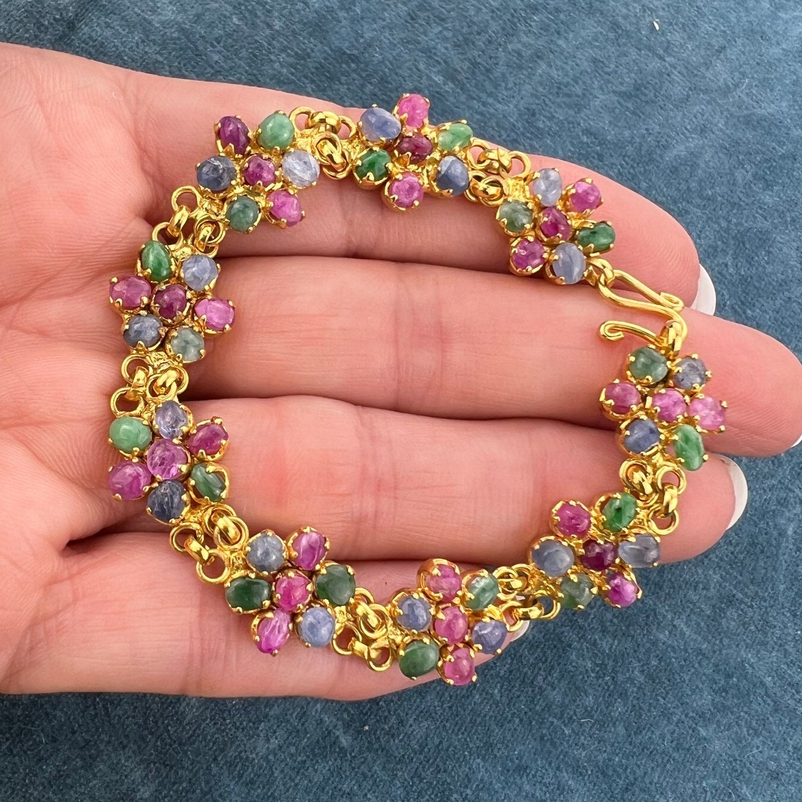 Natural Blue Sapphire, Ruby + Emerald Cabochon Flower Bracelet. Gold Tone