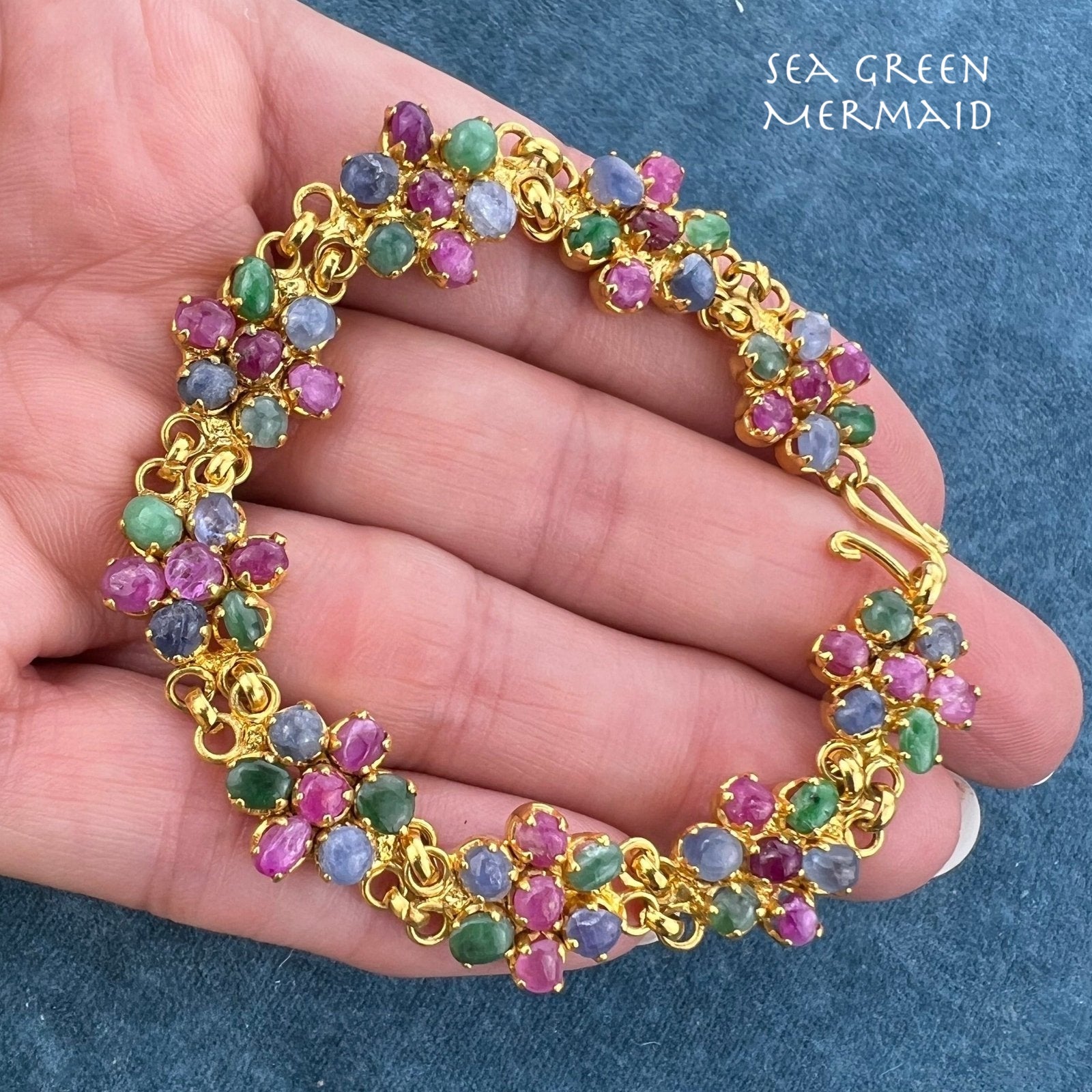 Natural Blue Sapphire, Ruby + Emerald Cabochon Flower Bracelet. Gold Tone