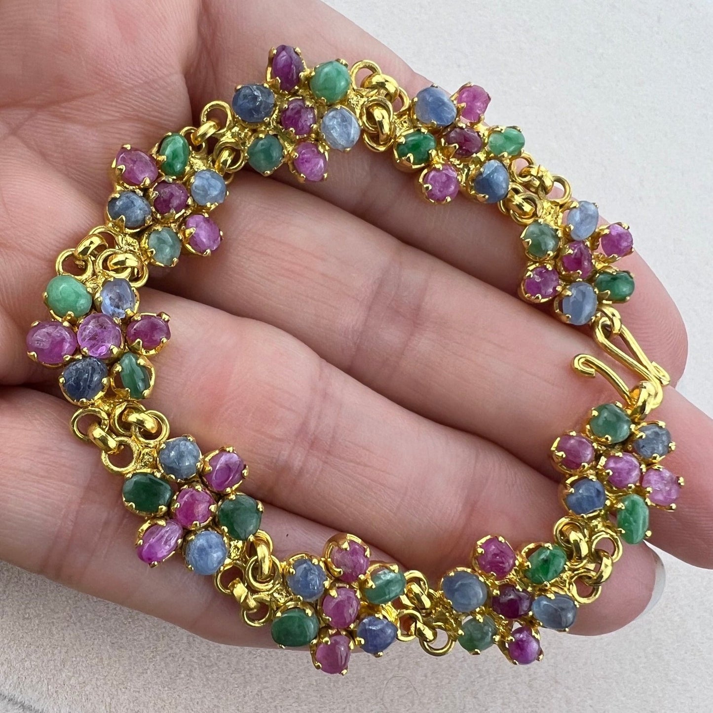 Natural Blue Sapphire, Ruby + Emerald Cabochon Flower Bracelet. Gold Tone