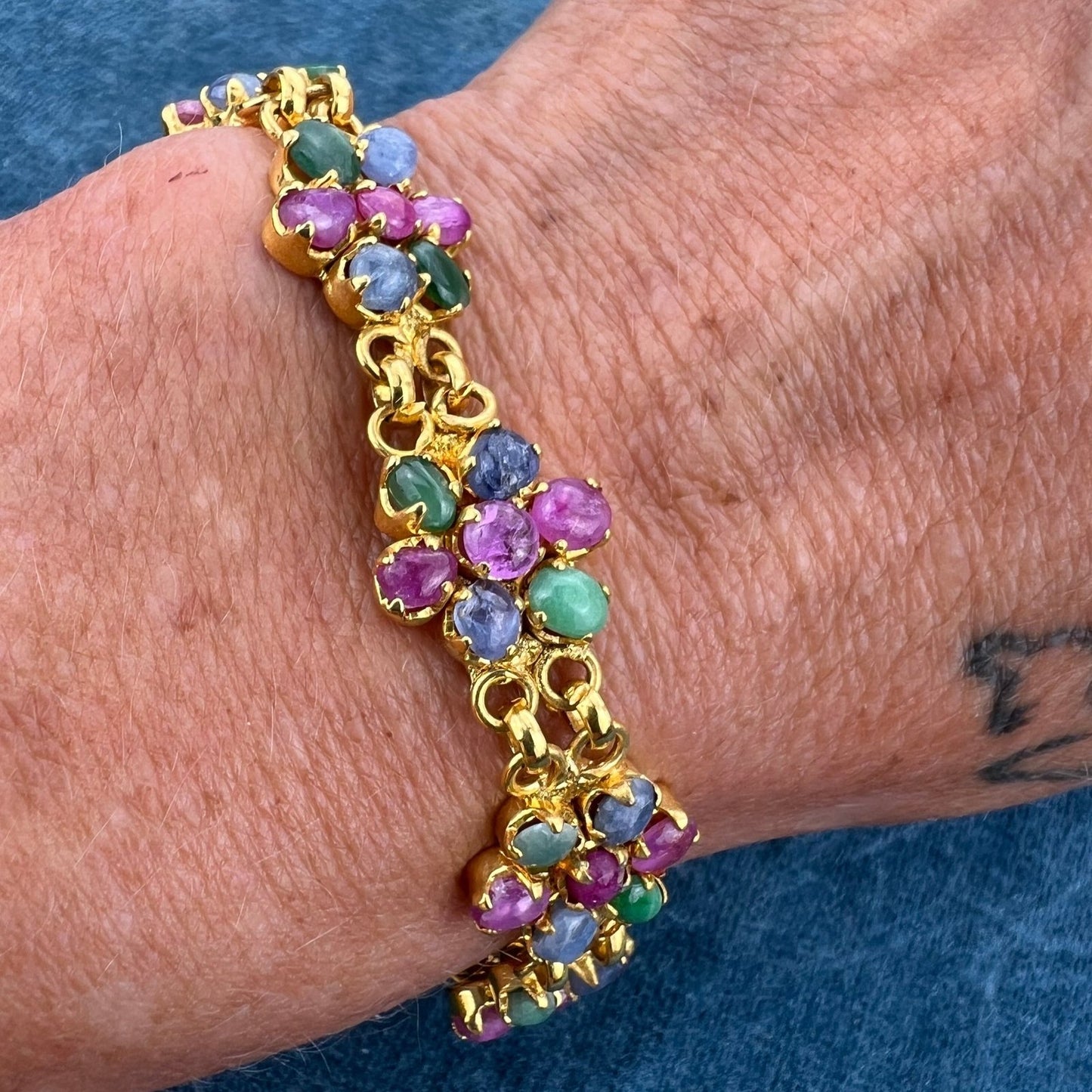 Natural Blue Sapphire, Ruby + Emerald Cabochon Flower Bracelet. Gold Tone