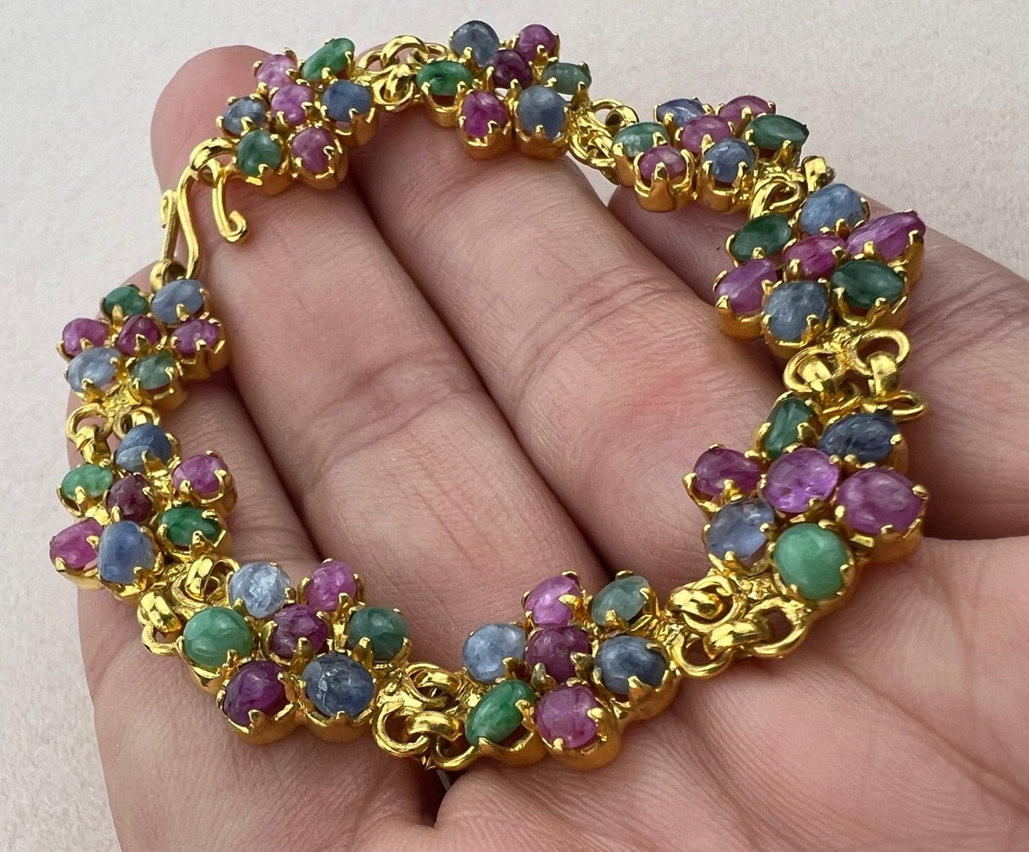 Natural Blue Sapphire, Ruby + Emerald Cabochon Flower Bracelet. Gold Tone