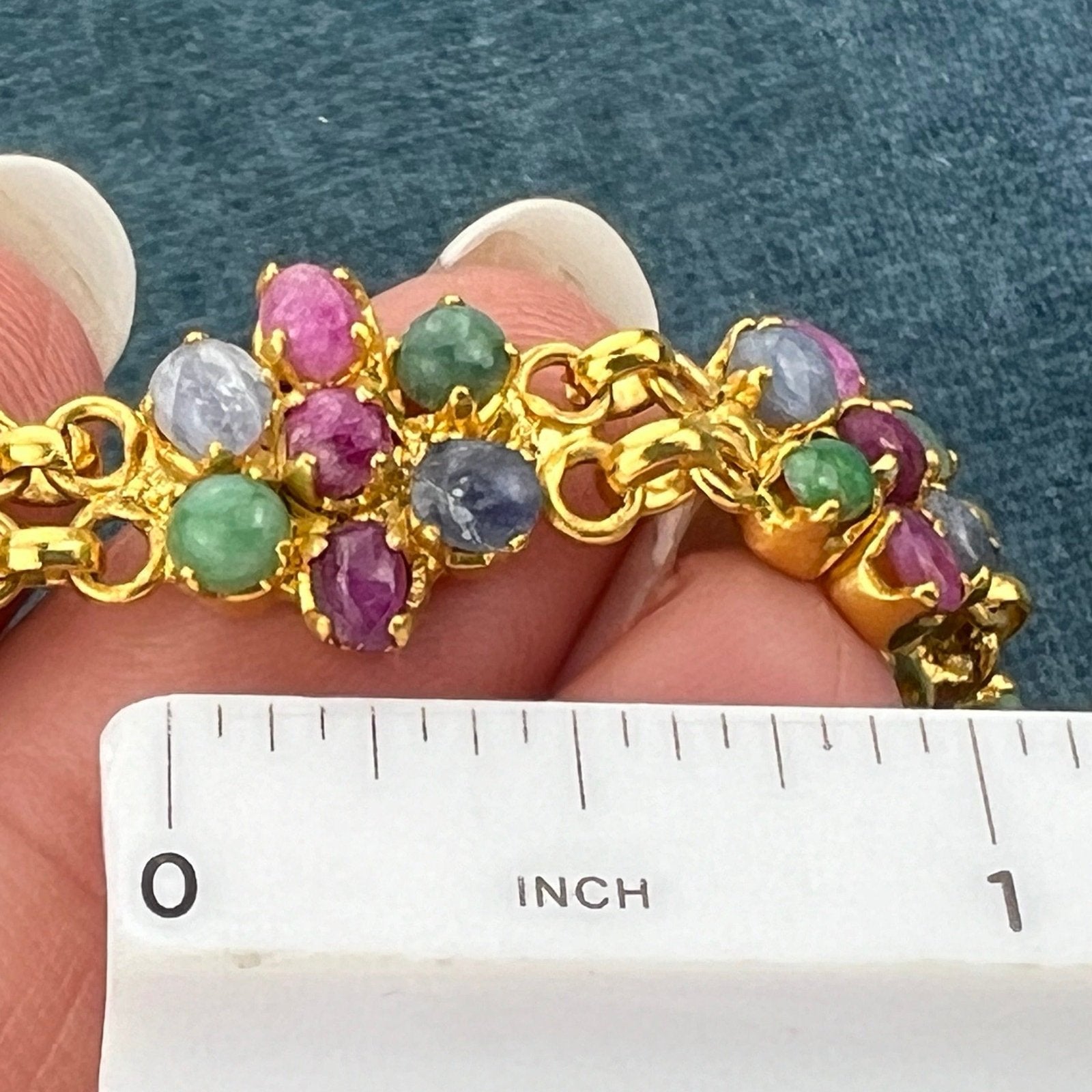 Natural Blue Sapphire, Ruby + Emerald Cabochon Flower Bracelet. Gold Tone