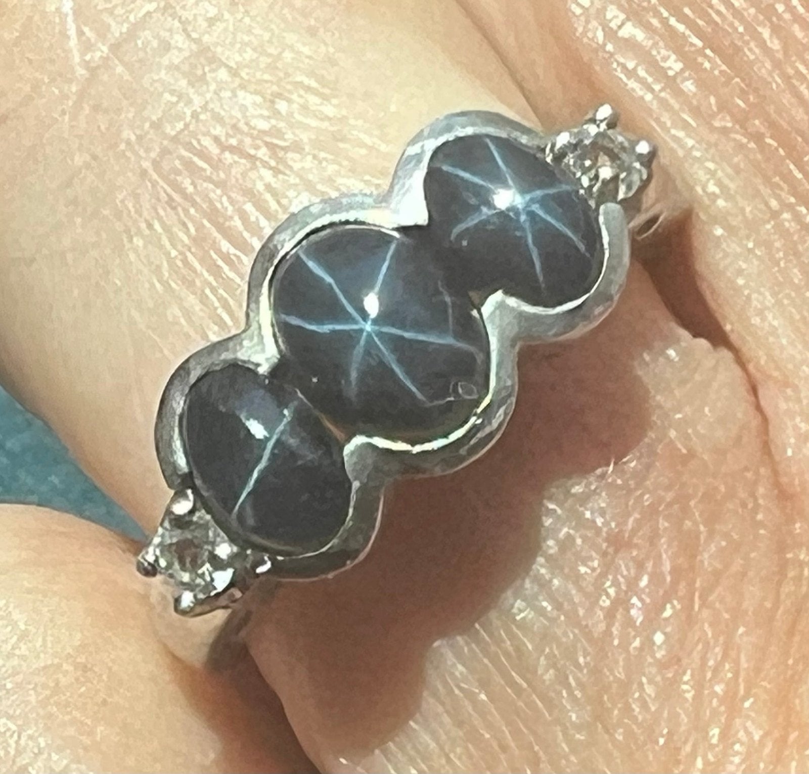 Natural Blue Star Sapphire 3 Gem Ring in 925 Sterling Silver *Video*