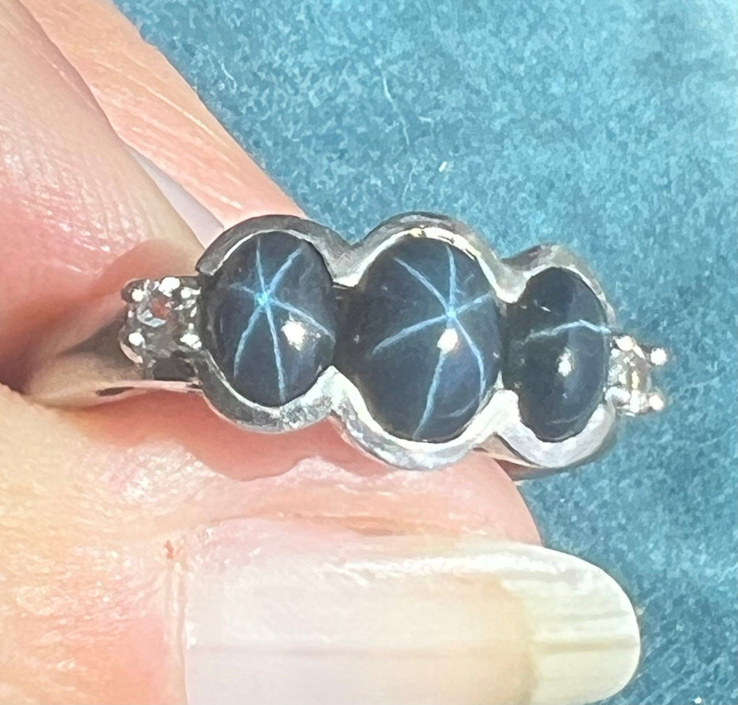 Natural Blue Star Sapphire 3 Gem Ring in 925 Sterling Silver *Video*