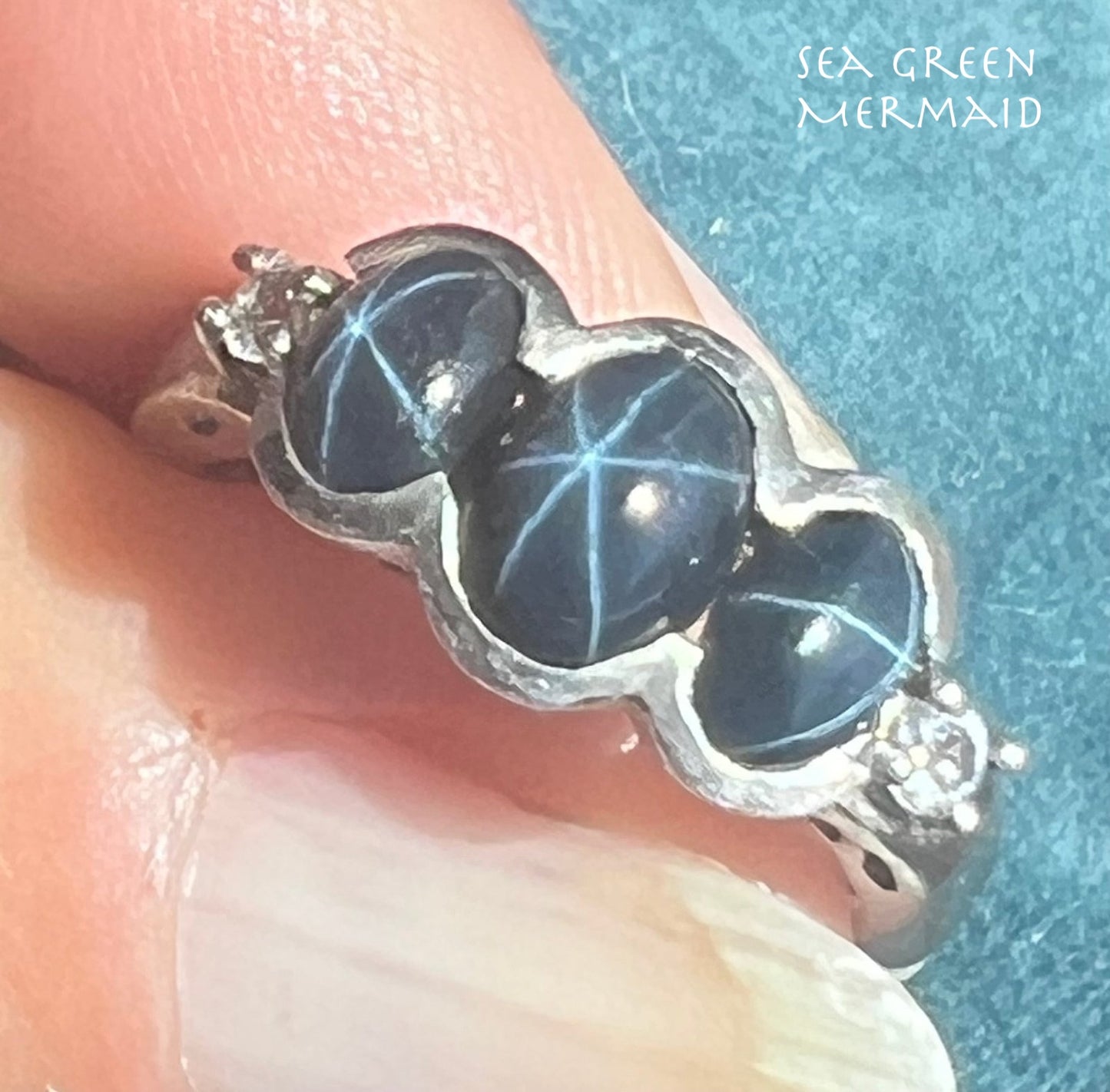 Natural Blue Star Sapphire 3 Gem Ring in 925 Sterling Silver *Video*