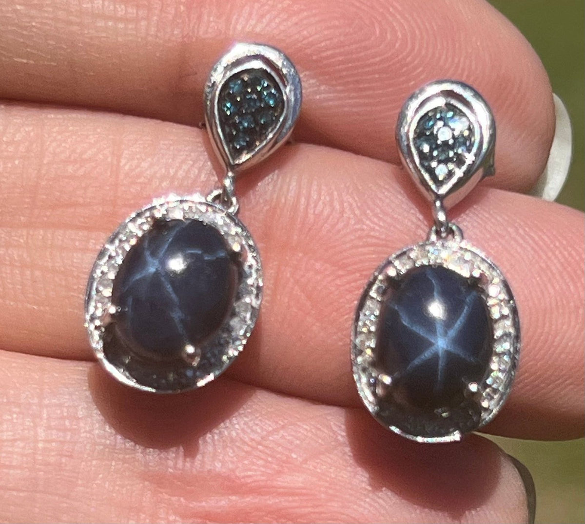 Natural Blue Star Sapphire + Diamond Earrings in 925 Silver *Video*