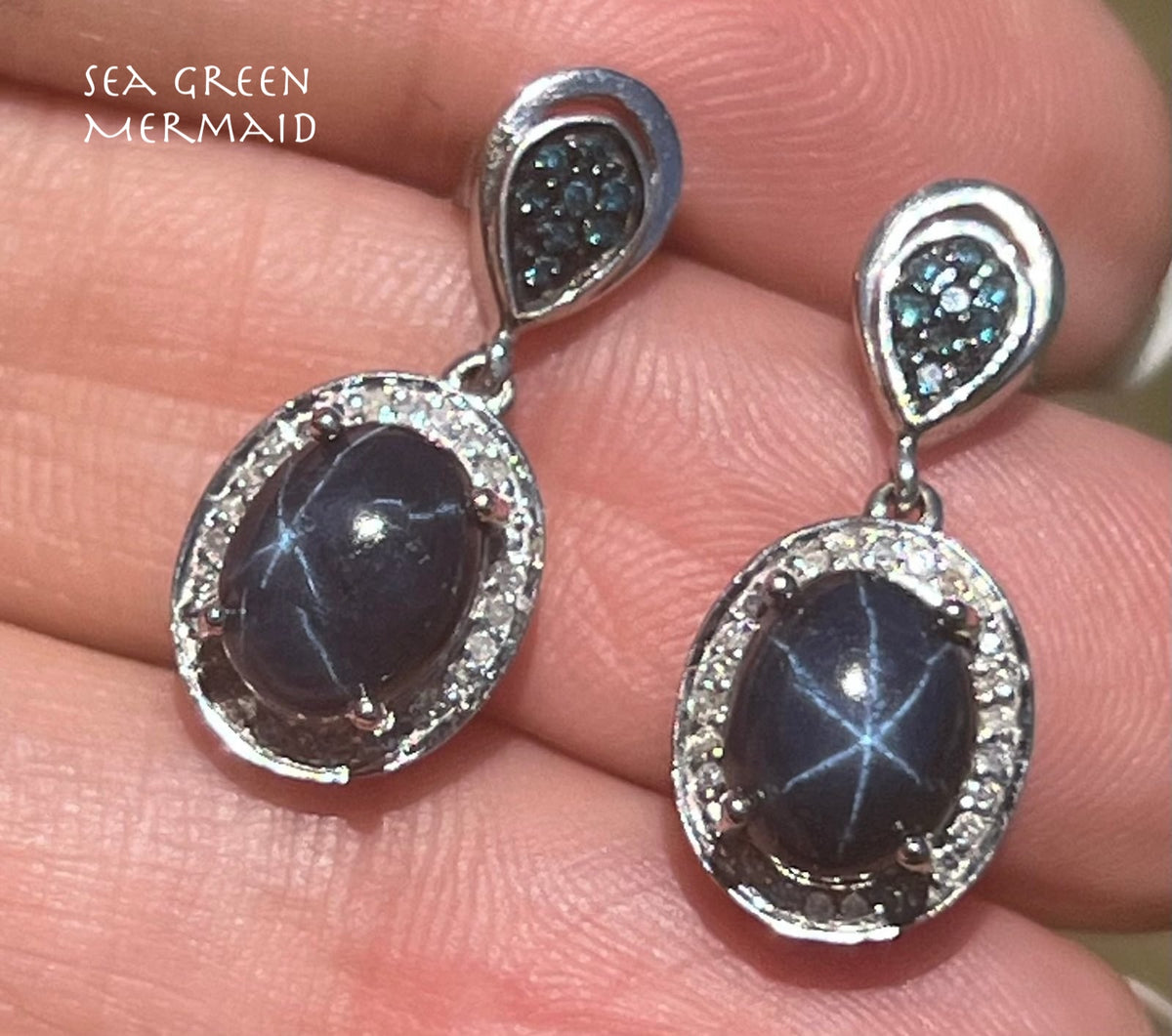 Natural Blue Star Sapphire + Diamond Earrings in 925 Silver *Video*