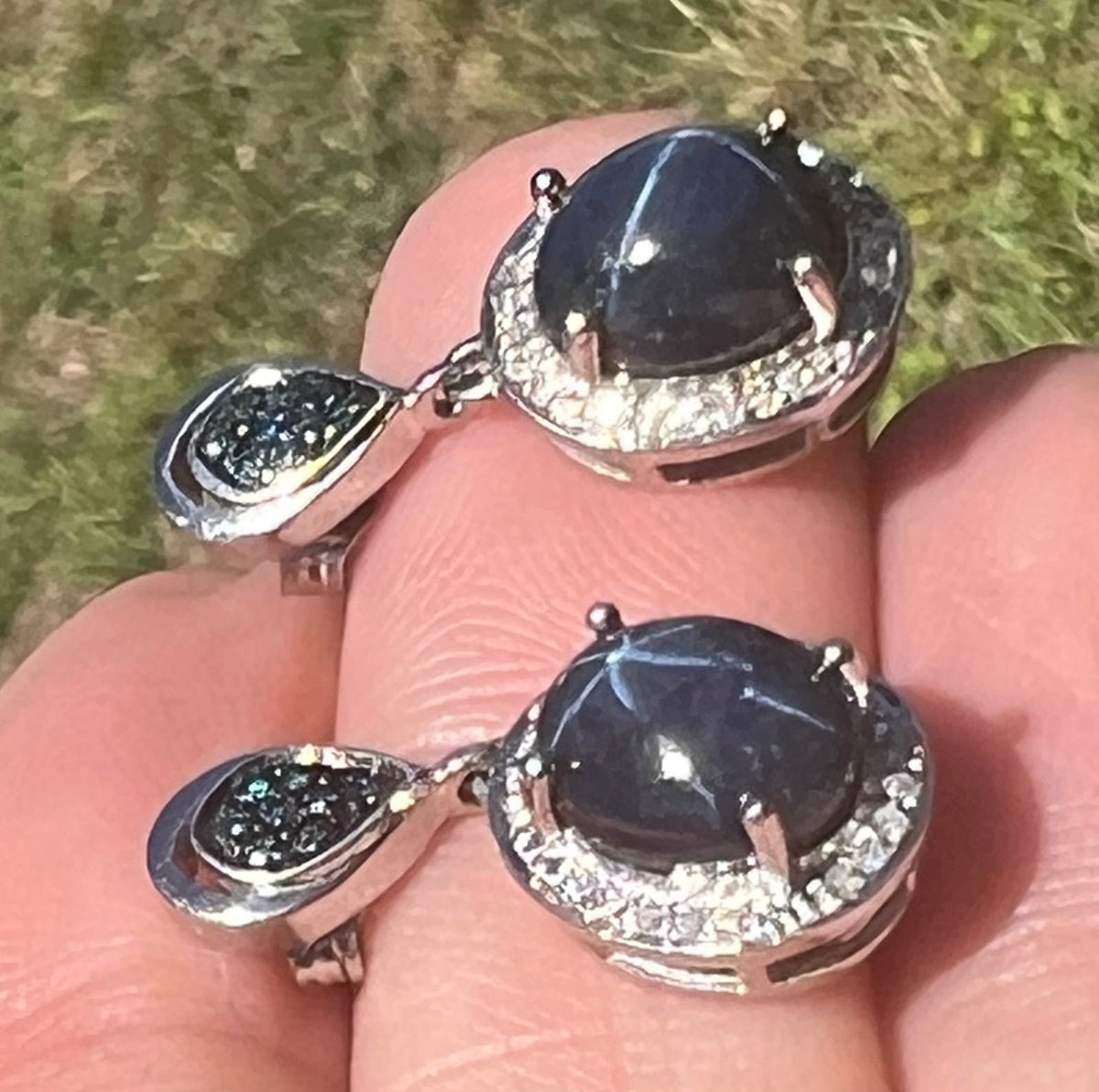 Natural Blue Star Sapphire + Diamond Earrings in 925 Silver *Video*