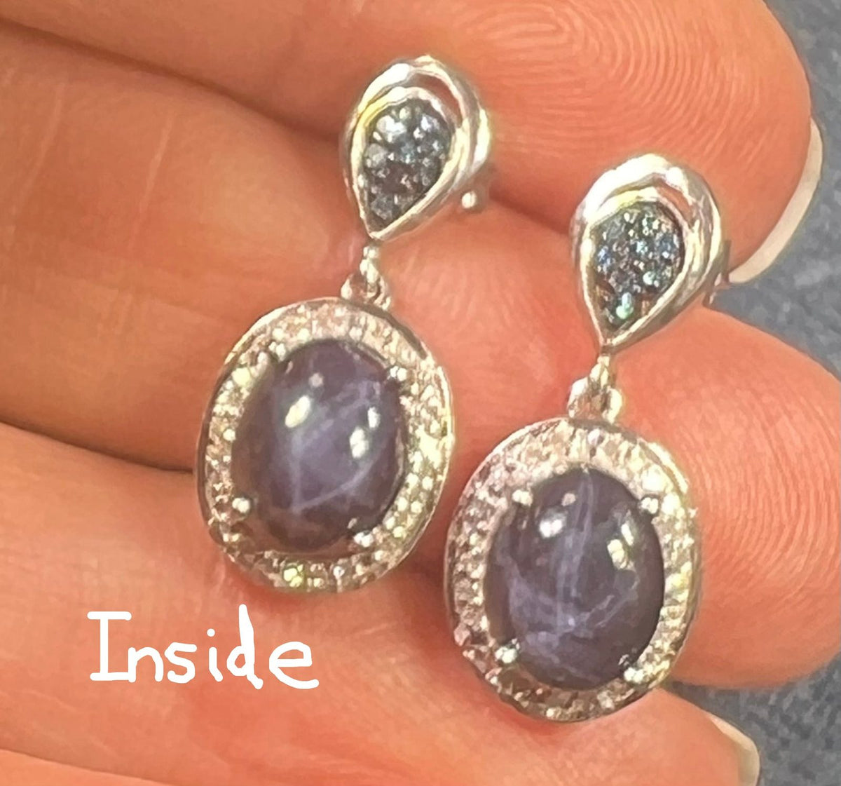 Natural Blue Star Sapphire + Diamond Earrings in 925 Silver *Video*