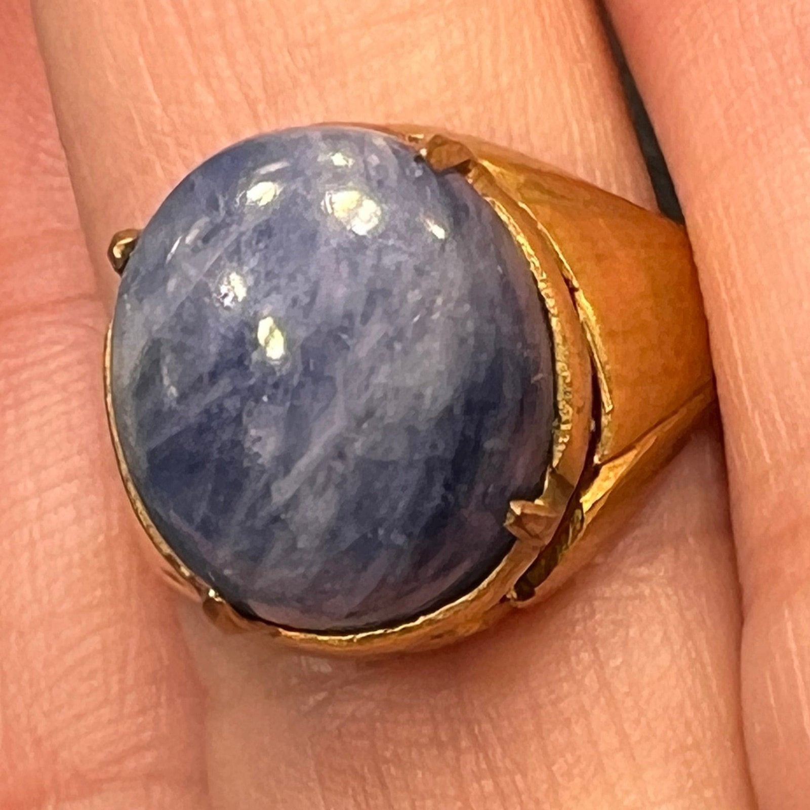 Natural Cabochon Blue Sapphire in Rustic Gold-Tone Silver Ring