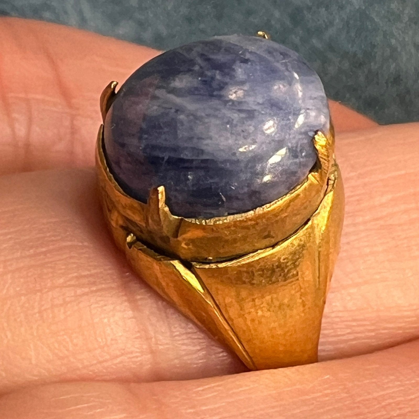 Natural Cabochon Blue Sapphire in Rustic Gold-Tone Silver Ring