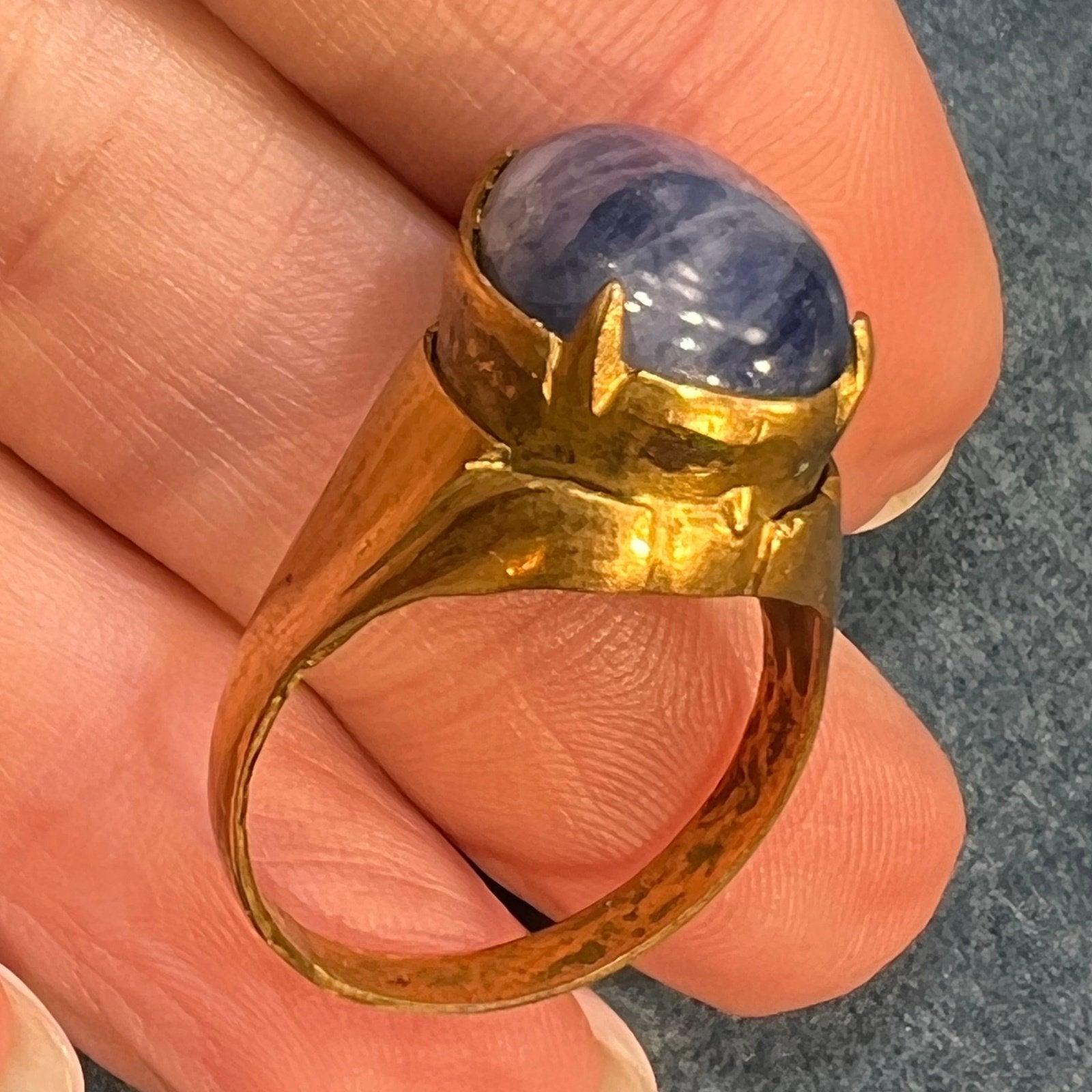 Natural Cabochon Blue Sapphire in Rustic Gold-Tone Silver Ring