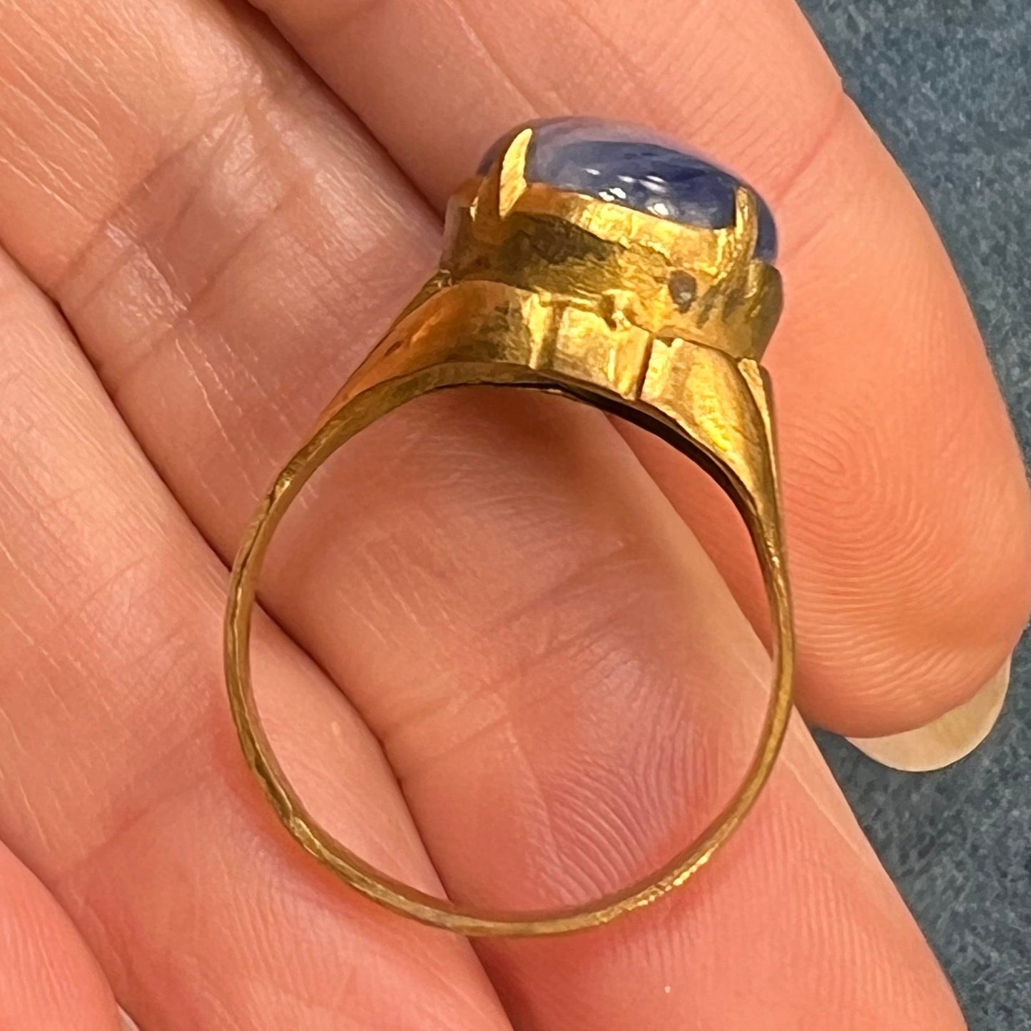 Natural Cabochon Blue Sapphire in Rustic Gold-Tone Silver Ring